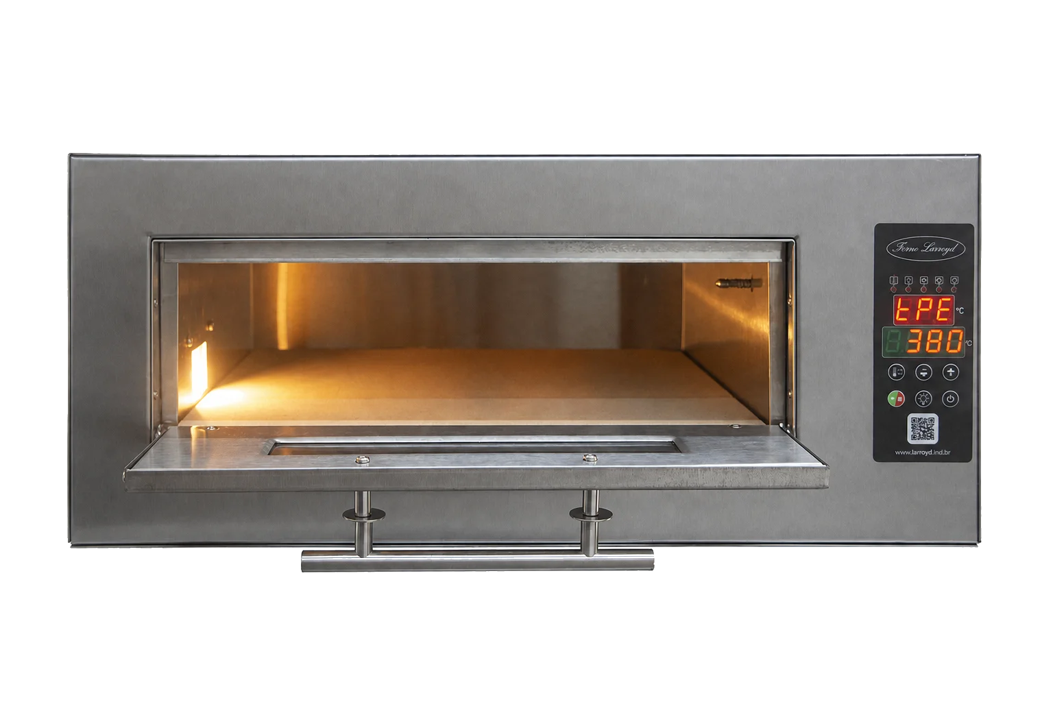 Forno Elétrico Gourmet Residencial Larroyd com câmara acesa e display marcando 380°C