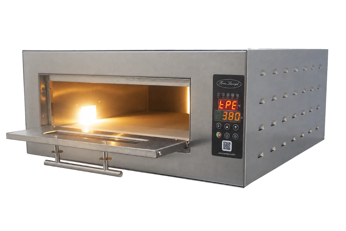 Forno Gourmet Larroyd em ângulo, câmara acesa